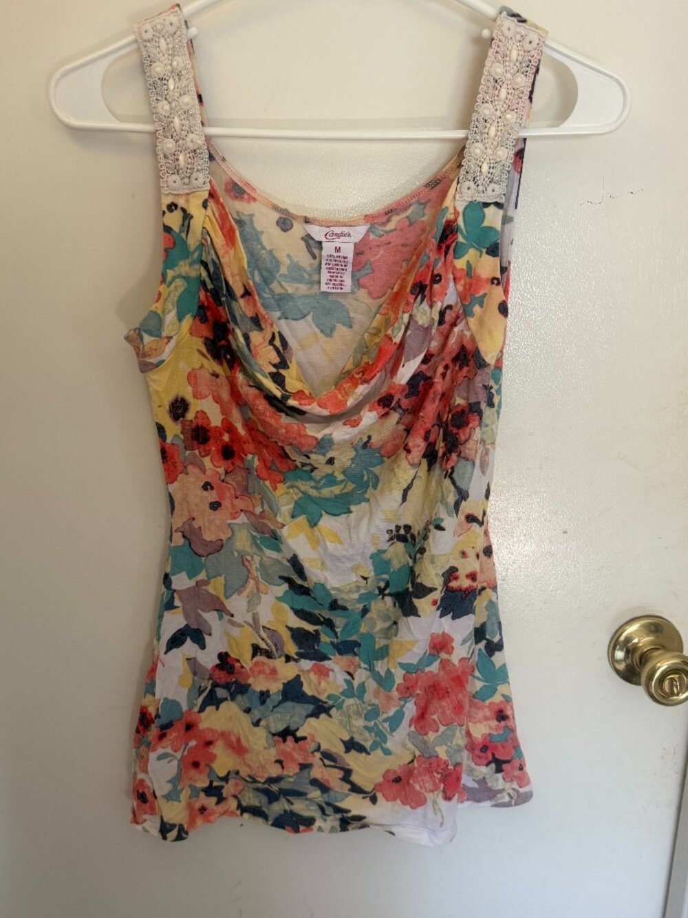 Candie's Floral Cowl-Neck Tank Top W M Crocheted and Beaded Lace Shoulder Straps